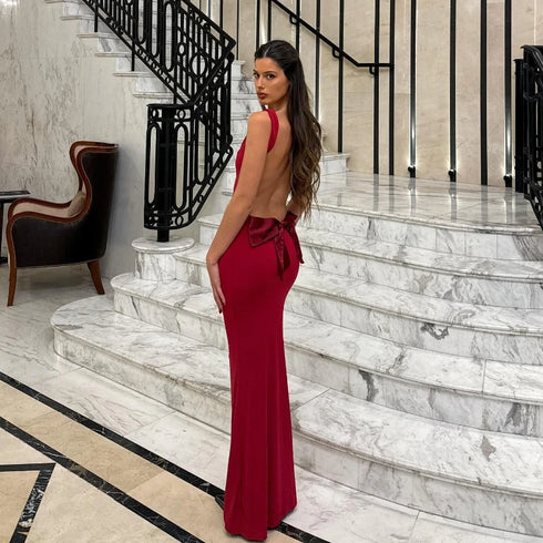 Sleeveless Evening Dress with Big Bow Backless for Gala and Wedding Guest